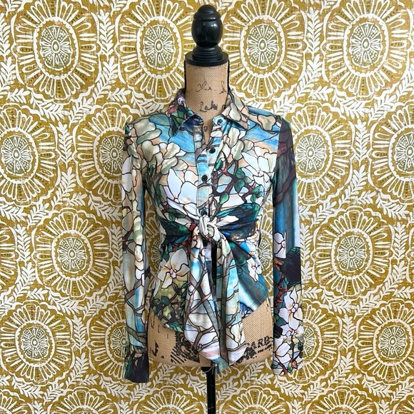 IQ Paris Vintage Stained Glass Novelty Print Made In NYC Button Down Shirt Sz S - Picture 2 of 13